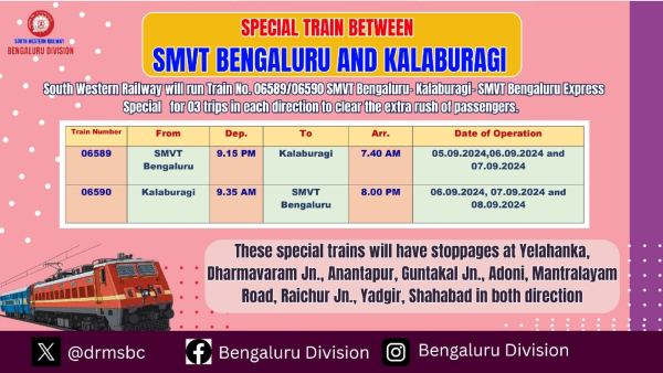 Ganesh Festival Special Express Trains Service Between Bengaluru-Kalaburagi from Sep 5th