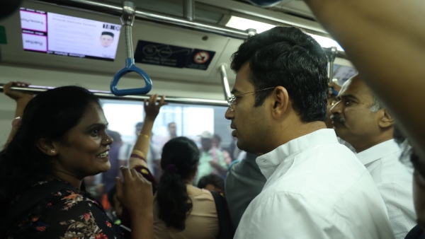 Bengaluru MPs Tejaswi Surya PC Mohan Ride Metro Hear Passenger Concerns