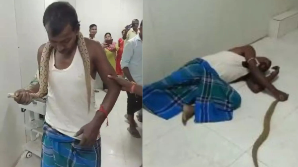Bihar man came to hospital with a bitten snake around his neck video has gone viral