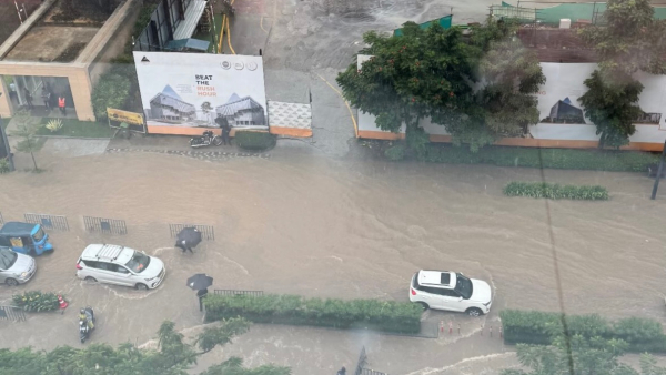 A Waterfall Has Been Created By The Rain At Manyatha Techpark In Bengaluru