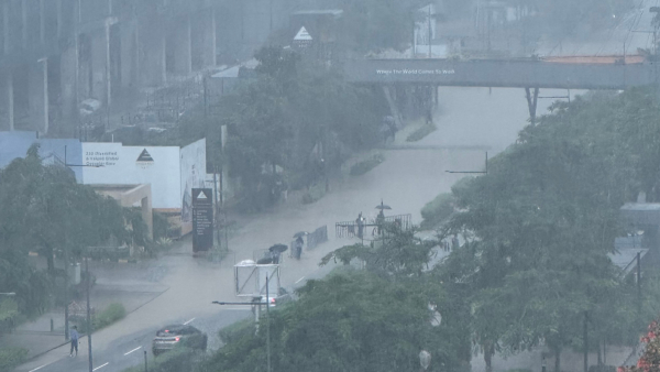 A Waterfall Has Been Created By The Rain At Manyatha Techpark In Bengaluru