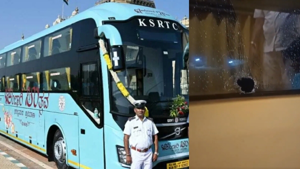KSRTC Bus Stome Pelting on Ambaari Utsav Bus at Hyderabad Video Viral KSRTC Bus Stome Pelting on Ambaari Utsav Bus at Hyderabad Video Viral