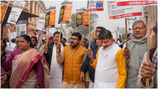 bjp congress protests over ambedkar remark session adjourned till 2 PM