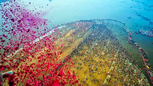 Flowers Showered From Chopper On Maha Kumbh Mela Devotees On Vasant Panchami