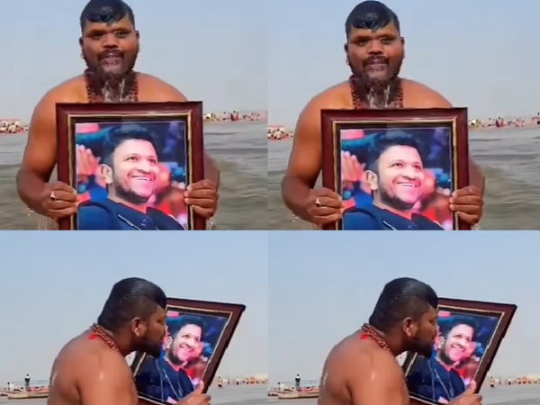 puneeth rajkumar fan bathed with photo at mahakumbha mela triveni sangam