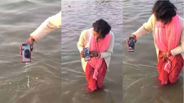 Video Viral A Woman Giving Her Husband a Holyx Bath Over Video Call in Mahakumbh Mela
