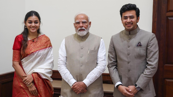 BJP MP Tejasvi Surya Wife Sivasri Skandaprasad Meet PM Modi In Delhi