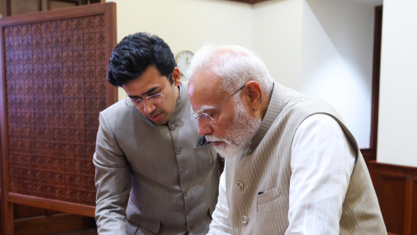 BJP MP Tejasvi Surya Wife Sivasri Skandaprasad Meet PM Modi In Delhi