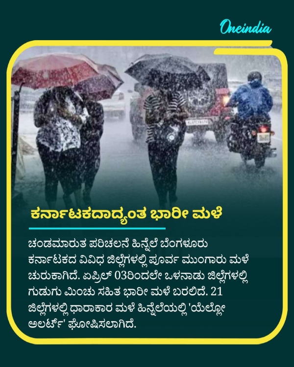 Karnataka 21 Districts Will See Heavy Rain till April 6 Due to Cyclonic Circulation Yellow Alert by IMD