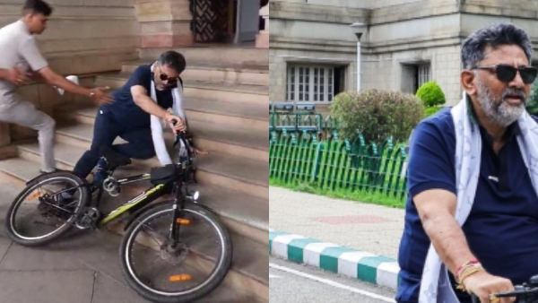 DK Shivakumar falls off bicycle in Vidhana Soudha in Bengaluru