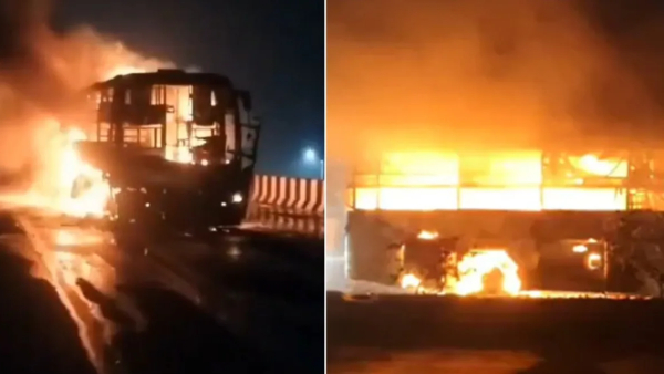 Sankranti Rush Travel Bus Catches Fire Near Kovvuru Bridge in Andhra Pradesh Sankranti Rush Travel Bus Catches Fire Near Kovvuru Bridge in Andhra Pradesh