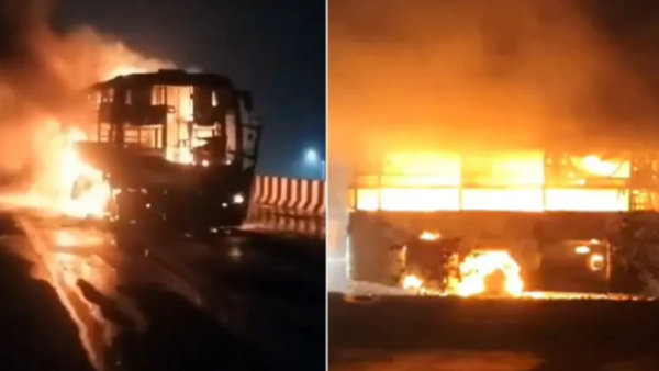 Accident 6 Burnt Alive as Car Collides with Private Bus Near Surapura of Yadgir District Today