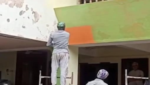 കോൺഗ്രസ് ഓഫിസിന് കാവി പെയിന്റ്, അമളി മനസിലായതോടെ മാറ്റിയടി, വിമർശനം
