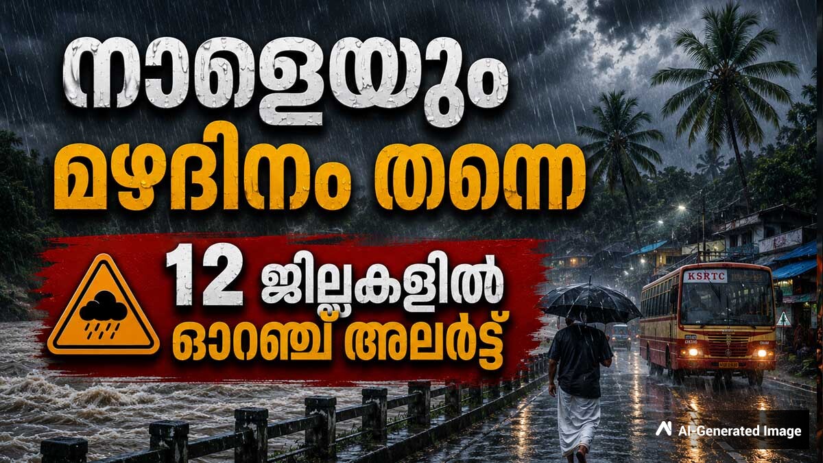 കേരളം മുഴുവന്‍ നാളെ മഴ മുന്നറിയിപ്പ്..! 12 ജില്ലകളില്‍ ഓറഞ്ച് അലര്‍ട്ട്, ഇടിമിന്നലിനും സാധ്യത