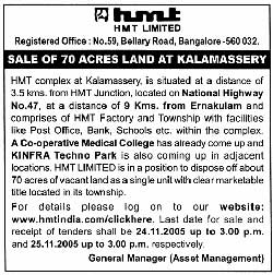 HMTland sale advertised in Economic Times Mumbai Edition on October 29, 2005 