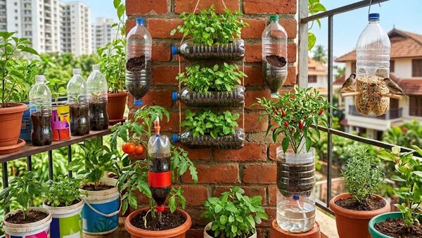 Plastic bottles repurposed into self-watering plant containers Plastic bottles repurposed into self-watering plant containers