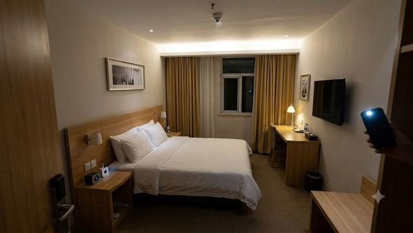 Traveler checking hotel room for hidden spy cameras Traveler checking hotel room for hidden spy cameras