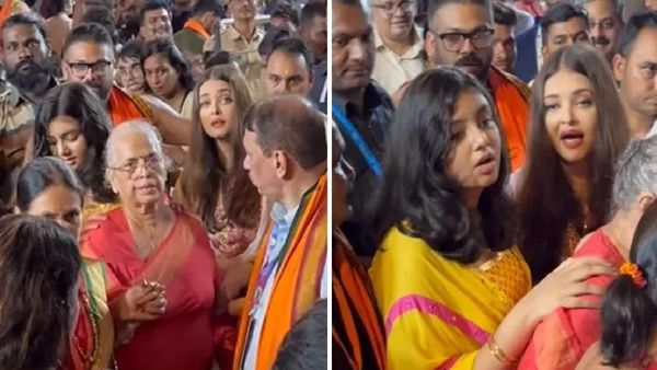 बाप्पाच्या दर्शनासाठी आई आणि मुलीसोबत आली ऐश्वर्या राय, गर्दीतून मार्ग काढताना उडाली तारांबळ