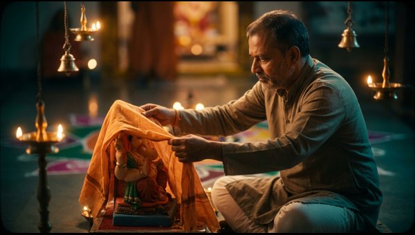 Covered Ganesha idol being brought home for celebration