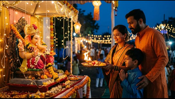 Devotees celebrating Ganeshotsav with divine musical Ganpati songs