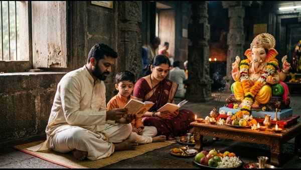 Devotee performing Ganpati Atharvashirsha puja and aarti rituals