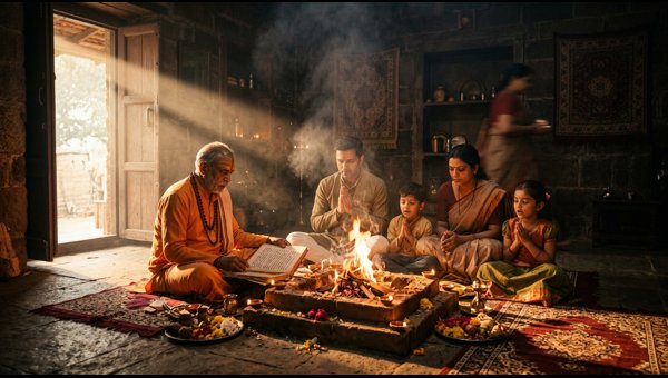 Devotee performing Ganpati Atharvashirsha puja and aarti rituals