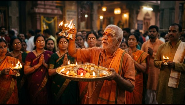 Devotee performing Ganpati Atharvashirsha puja and aarti rituals