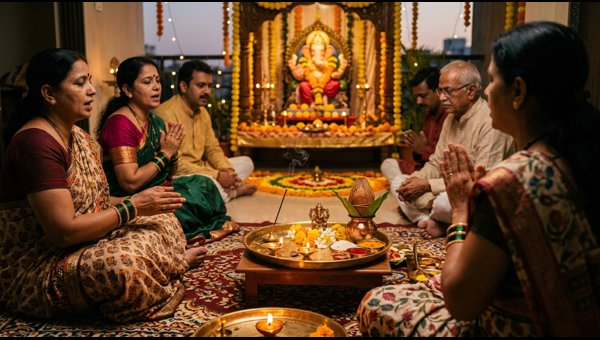 Traditional Satyanarayan Puja setup during Ganeshotsav festival