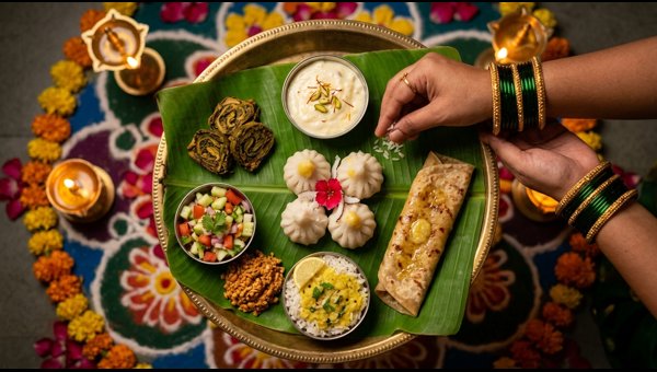 Traditional banana leaf Ganpati Naivedya plate arrangement Traditional banana leaf Ganpati Naivedya plate arrangement