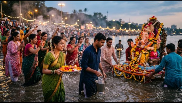 Devotees performing sacred Ganesh Visarjan rituals with devotion Devotees performing sacred Ganesh Visarjan rituals with devotion
