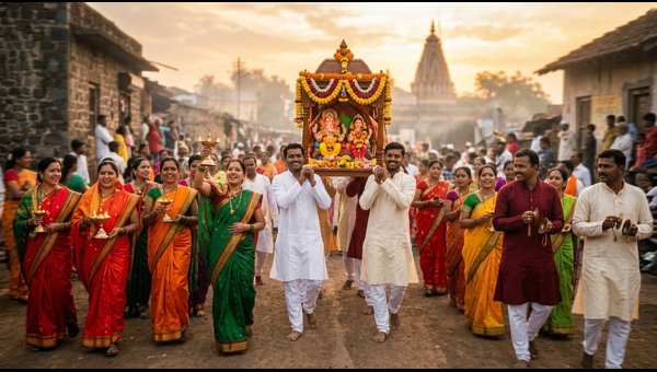 Woman achieving a natural 10-minute Ganeshotsav makeup look Woman achieving a natural 10-minute Ganeshotsav makeup look