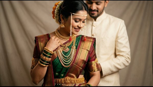 Woman achieving a natural 10-minute Ganeshotsav makeup look Woman achieving a natural 10-minute Ganeshotsav makeup look