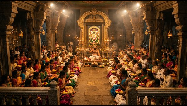 Devotees reciting Mantrapushpanjali with flowers and rice grains Devotees reciting Mantrapushpanjali with flowers and rice grains