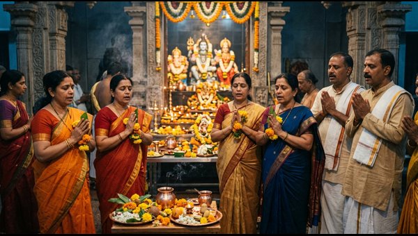 Devotees reciting Mantrapushpanjali with flowers and rice grains Devotees reciting Mantrapushpanjali with flowers and rice grains