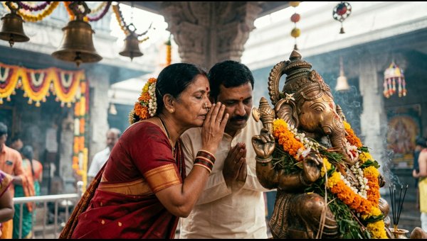 Devotees whispering secret wishes into Ganesha s ear before immersion Devotees whispering secret wishes into Ganesha s ear before immersion