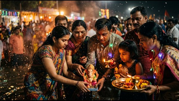 Family performing sacred Ganesh Visarjan rituals at home