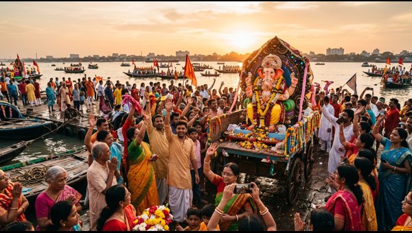 Family performing eco-friendly Ganpati Visarjan at home