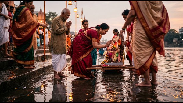 Family performing eco-friendly Ganpati Visarjan at home