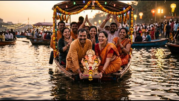 Devotees tearfully bidding farewell to Lord Ganesha idol