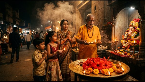 Fresh red hibiscus flower offered during Ganesha puja