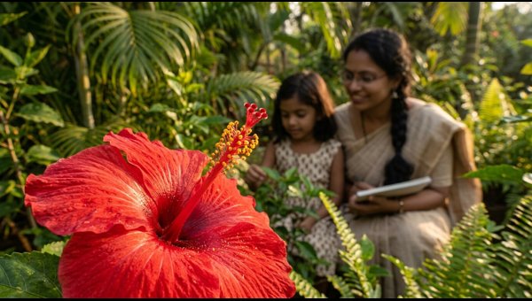 Fresh red hibiscus flower offered during Ganesha puja