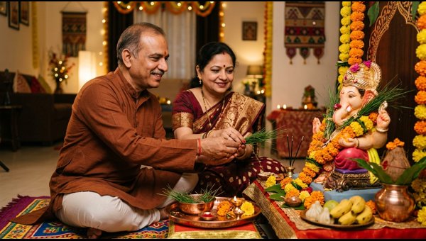 Offering green Durva grass to a Lord Ganesha idol