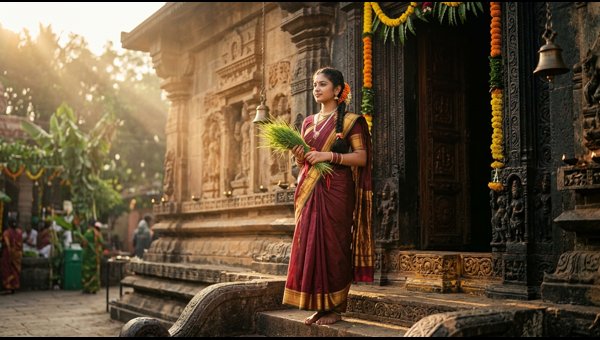 Offering green Durva grass to a Lord Ganesha idol