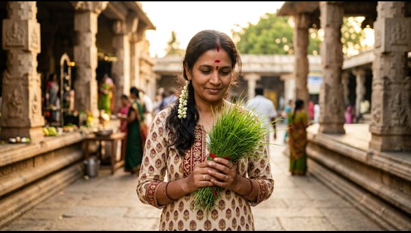 Offering green Durva grass to a Lord Ganesha idol