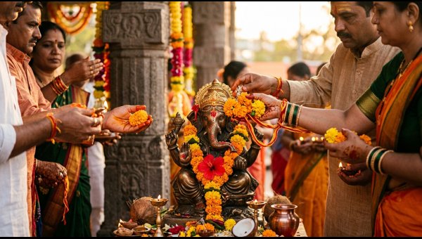 Devotee praying to Lord Ganesha Devotee praying to Lord Ganesha