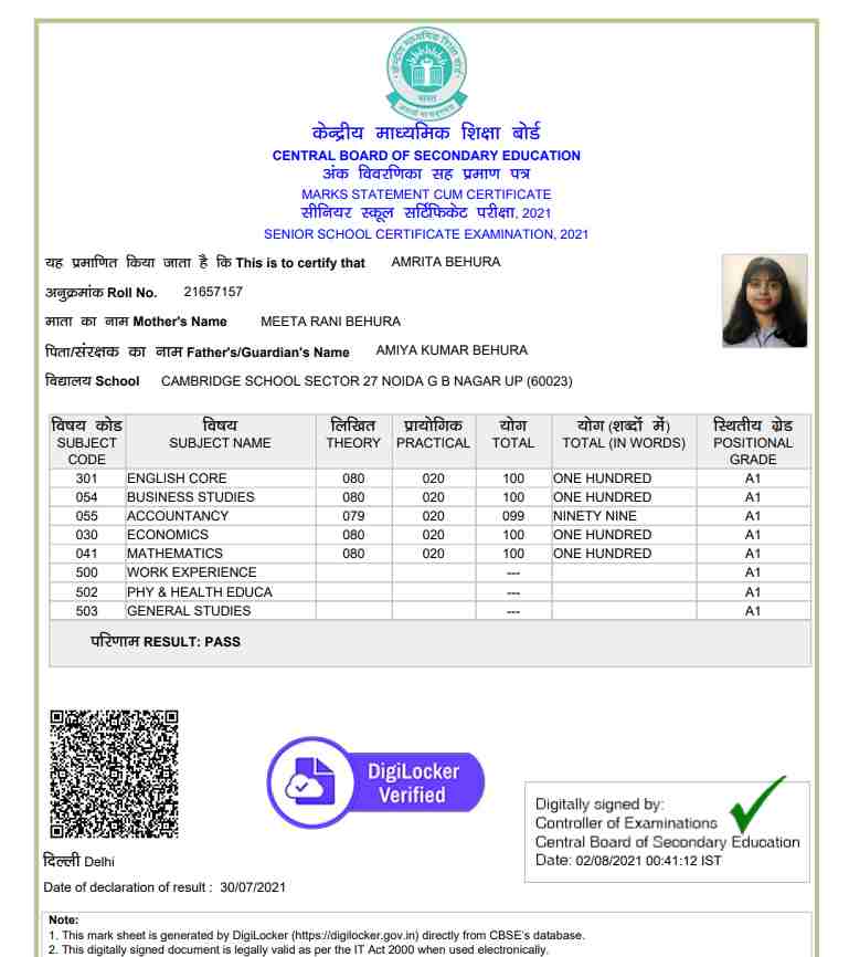 Amrita Behura topped in CBSE 12th exam