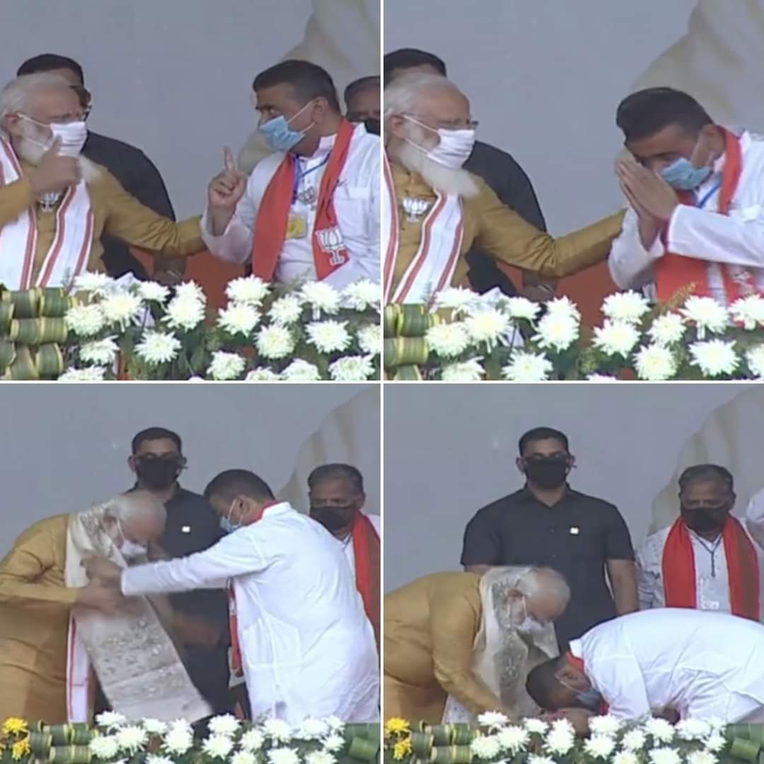 কাঁথিতে প্রচারে যাওয়া মোদীকে পায়ে হাত দিয়ে প্রণাম বিজেপি নেতা শুভেন্দু অধিকারীর 