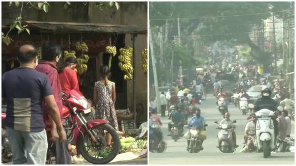 കര്‍ണാടകയില്‍ കര്‍ഫ്യൂ നിലനില്‍ക്കെ അവശ്യ വസ്തുക്കള്‍ വാങ്ങാനെത്തിയവരുടെ തിരക്ക്: ഷിവമോഗയില്‍ നിന്നുള്ള ചിത്രങ്ങള്‍