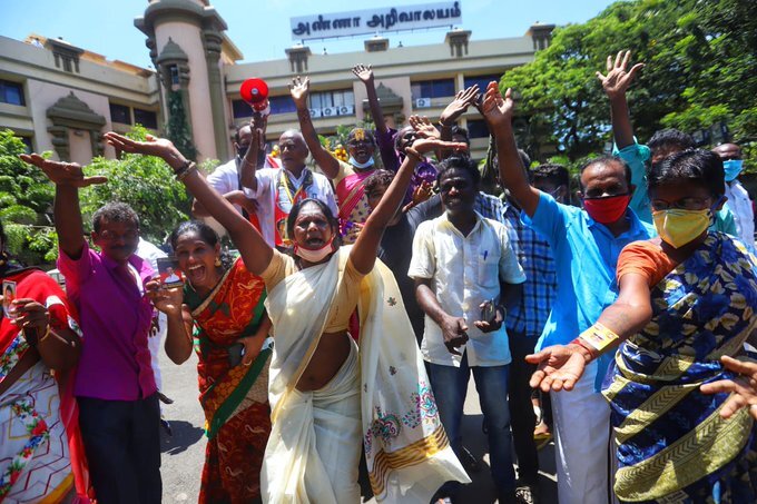 DMK Party workers celebrating during the counting of Tamil Nadu
