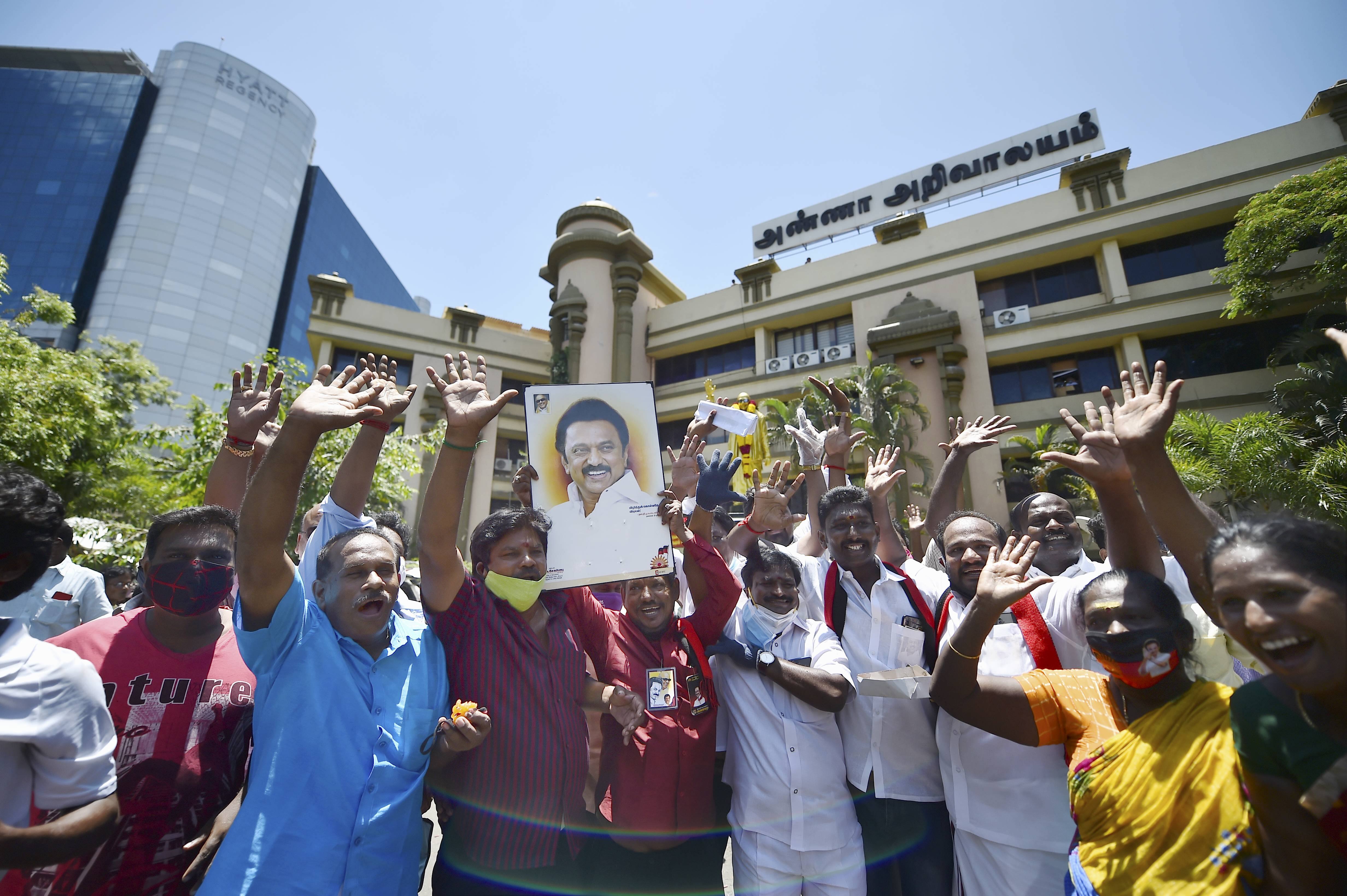DMK Party workers celebrating during the counting of Tamil Nadu